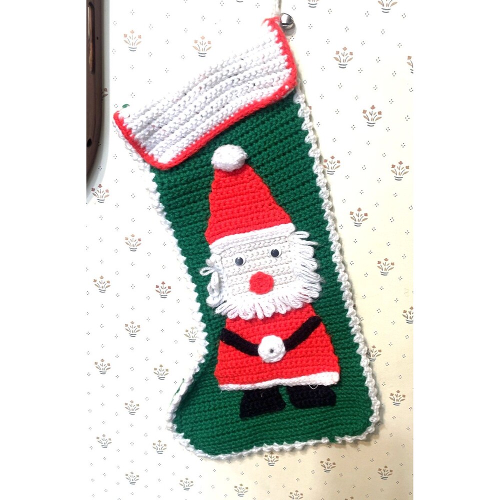 70s Vintage Crocheted Christmas Stocking Santa Claus Knit Kitschy Nostalgia